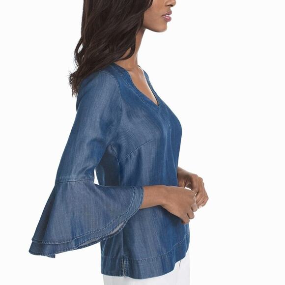 WHBM The Carmen Lyocel Denim Bell-Sleeve Blouse Size 6 Petite - Picture 3 of 11